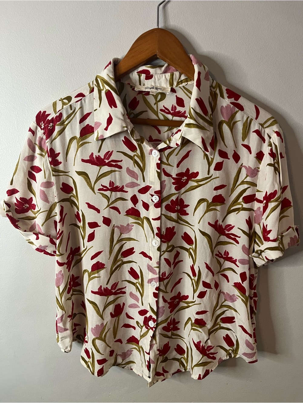 Cream Button-Down Top with Red & Pink Floral Print